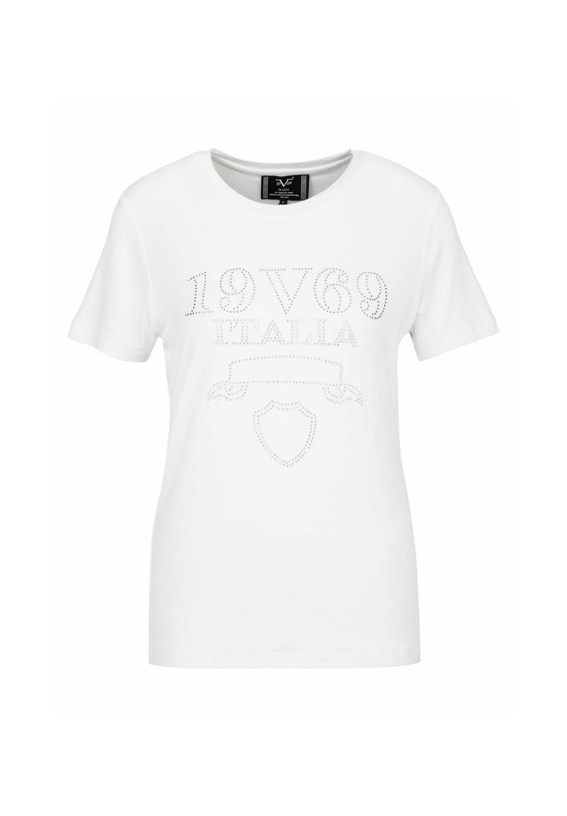 White cotton t-shirt with short sleeves featuring a dotted print of "19V69 ITALIA" and a shield design on the front.