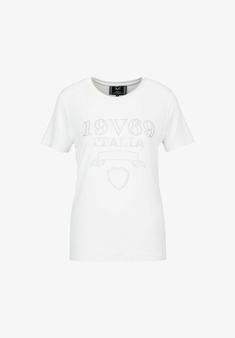White cotton t-shirt with short sleeves featuring a dotted print of "19V69 ITALIA" and a shield design on the front.