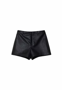 Zwarte leren shorts met een gestructureerd ontwerp, voorzien van een ritssluiting aan de voorkant, knoopsluiting en minimale details. Glad textuur overal.