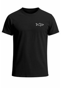 Black cotton t-shirt with short sleeves and a crew neck. Features a white shark graphic printed on the left chest area.
