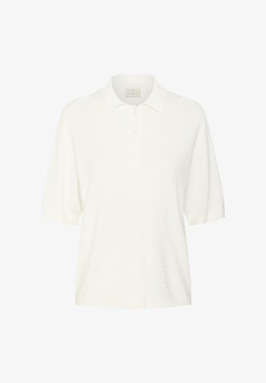 Weißes Poloshirt mit kurzen Ärmeln, strukturiertem Muster, flachem Kragen und drei Knöpfen. Strickstoff mit lockerer Passform.