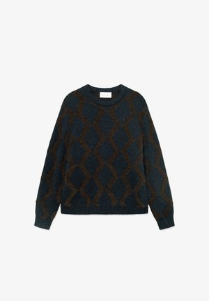 Dark blue sweater with a brown diamond pattern, ribbed crew neckline, and long sleeves. Soft texture and casual fit.