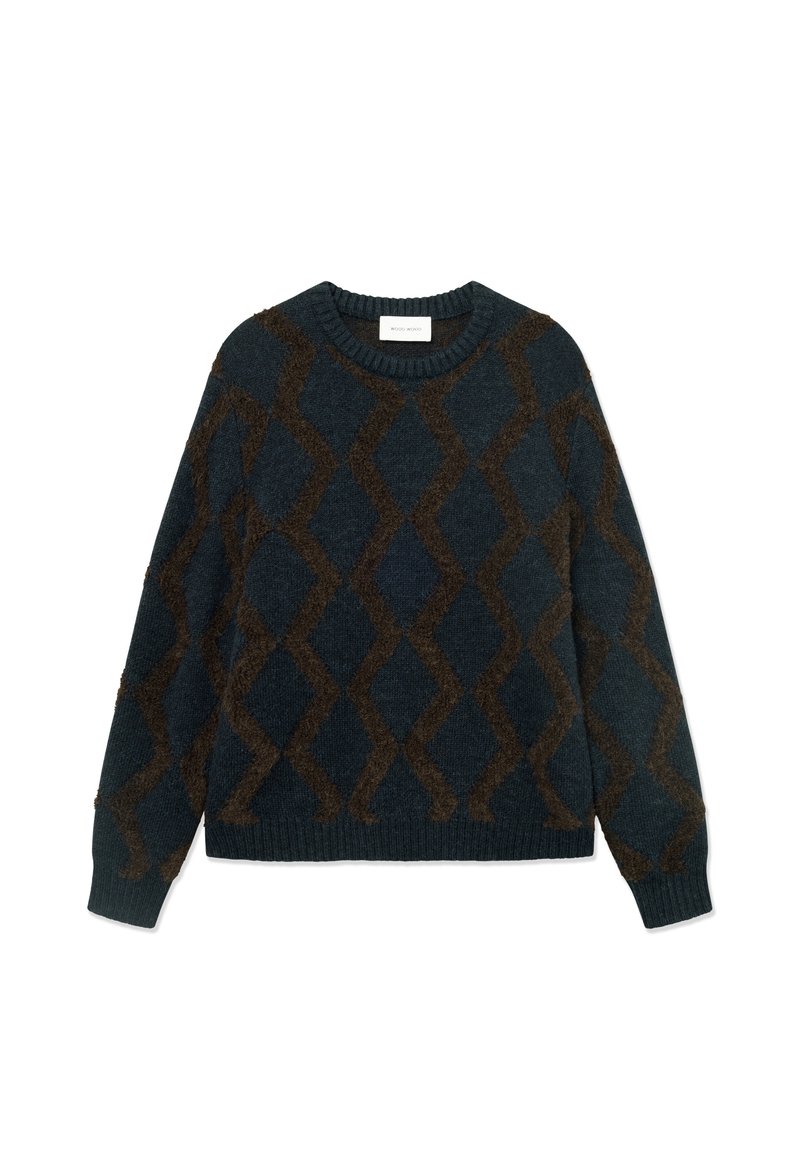 Pull bleu foncé avec un motif losange marron, col rond côtelé et manches longues. Texture douce et coupe décontractée.