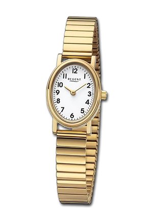 Gold-tone wristwatch with a round white face, black numerals, and a metallic band featuring rectangular links. Brand name "REGENT" displayed.