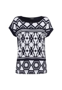 Marineblauw en witte short-sleeve top met geometrische patronen, een wijde halslijn en een relaxed fit. Gemaakt van zachte stof.