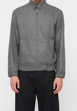 Man draagt een grijze visgraat-ritsjas met opstaande kraag en zwarte broek, staande tegen een effen witte achtergrond.