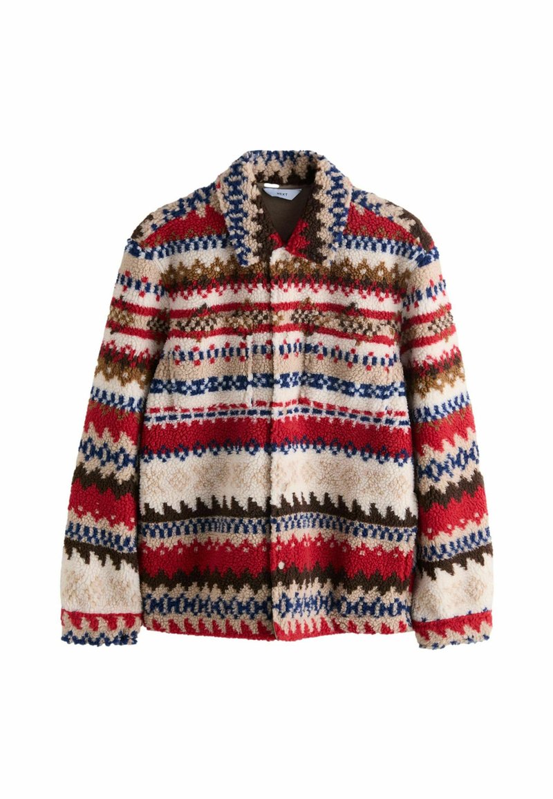 Chaqueta de mezcla de lana difusa con un cuello estrecho y patrones geométricos multicolores en rojo, azul, beige y marrón. Cierre de botón en la parte delantera.