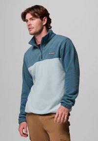 Pullover in pile leggero di colore teal e blu chiaro, con chiusura a mezza zip e colletto alto, dotato di polsini a coste per maggiore calore.