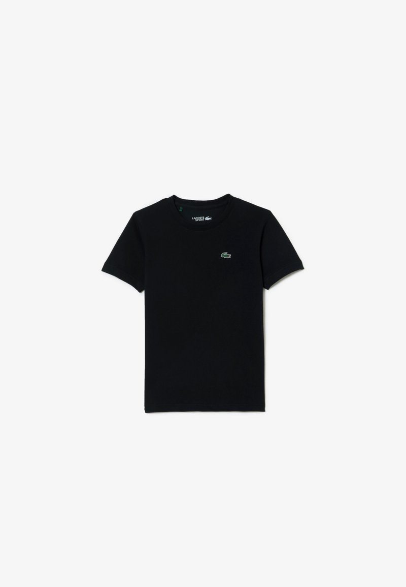 Μαύρο βαμβακερό μπλουζάκι με στρογγυλή λαιμόκοψη και κοντά μανίκια. Φέρει ένα μικρό πράσινο λογότυπο Lacoste στο στήθος. Κλασικός, εφαρμοστός σχεδιασμός.