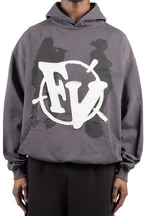 Dark gray hoodie with large white "FV" logo and black silhouettes of two people on the front, worn by a standing person.