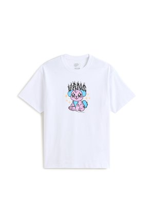 Hvid bomulds T-shirt med en tegneseriehund i pink og blå med flammer og glitrende effekter, placeret midt på foran. Afslappet pasform.