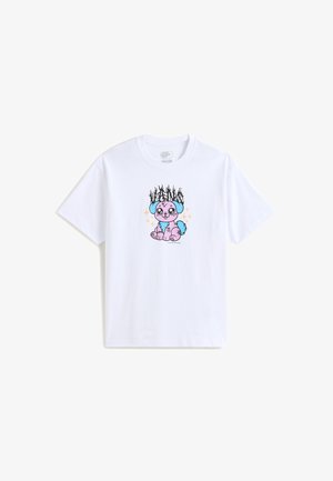 Weißes Baumwoll-T-Shirt mit einem Cartoon-Hund in Rosa und Blau, umgeben von Flammen und Glitzern, mittig vorne. Legere Passform.