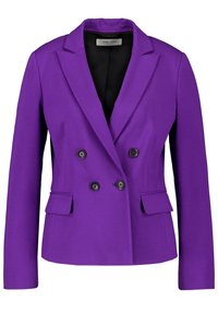 Fialový dvouřadý blazer s černým podšívkou, klopami, čtyřmi černými knoflíky a dvěma předními kapsami s klopou.