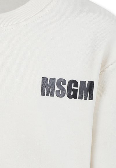 Biała bawełniana bluza z czarnym nadrukowanym logo "MSGM" z przodu. Posiada klasyczny okrągły dekolt i ribbowe detale przy mankietach.