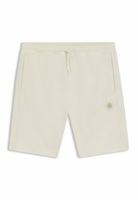 Beige sportshorts met een elastische tailleband en trekkoord, voorzien van zijzakken en een hexagonaal textuurpatroon aan de zijkanten.