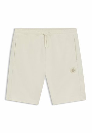 Beige sportshorts med elastisk midjeband och snörning, med sidofickor och ett hexagonalt texturmönster på sidorna.
