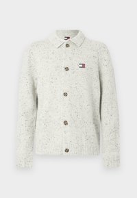 Φωτεινό γκρι πλεκτή ζακέτα με γιακά, με κουμπιά στο μπροστινό μέρος, υφασματικό σχέδιο με στίγματα και μικρό λογότυπο στο στήθος.