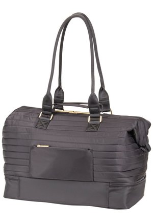 Schwarze gesteppte Reisetasche mit zwei Griffen, vorderer Reißverschlusstasche und goldfarbenen Reißverschlussdetails, entworfen zum Tragen und Verstauen.