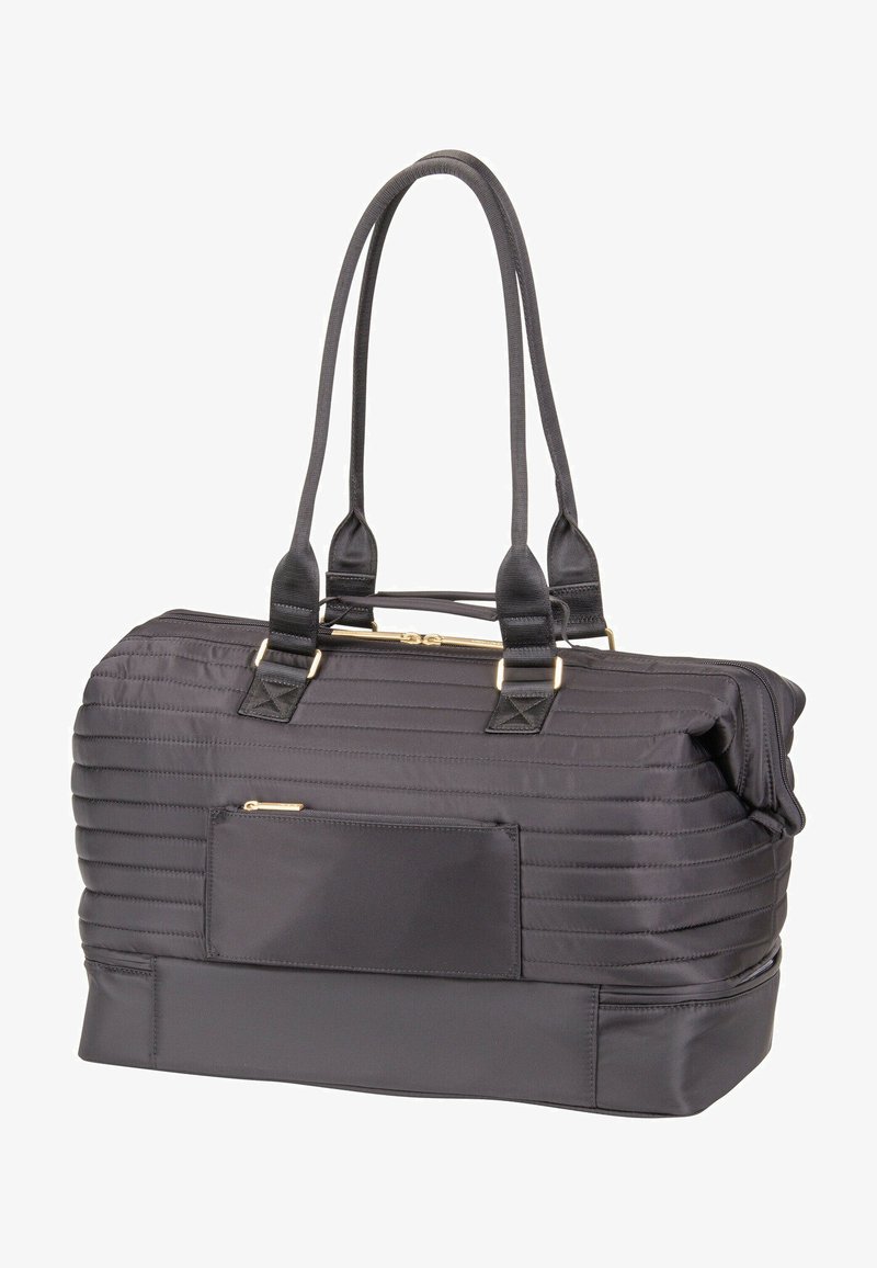 Bolso de viaje acolchado negro con asas dobles, bolsillo frontal con cremallera y detalles en cremallera de tono dorado, diseñado para transportar y almacenar.