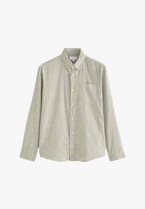 Camicia con bottoni realizzata in tessuto con un motivo a quadri verdi e gialli. Presenta maniche lunghe, colletto e una tasca frontale.