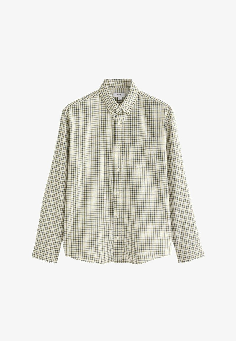 Button-up shirt made of fabric with a green and yellow check pattern. Features long sleeves, a collar, and a front pocket.
