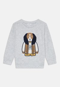 Sweatshirt gris avec un design de chien en cartoon orn�ée d'accents marron et blanc. Le chien porte une chemise crème et une veste marron avec des détails bleus.