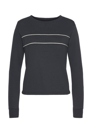 Donkergrijze sweatshirt met lange mouwen en een ronde halslijn, voorzien van twee contrasterende witte horizontale strepen over de borst en geribbelde manchetten.