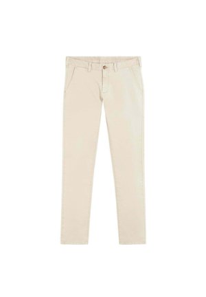 Pantalones beige de corte ajustado con bolsillos laterales, trabillas para cinturón, cierre de botón y cremallera en la parte delantera sobre fondo blanco.