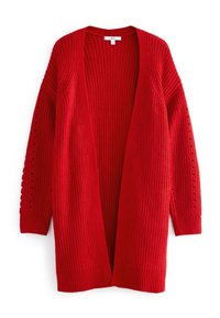 Cardigan rosso lavorato a maglia con apertura frontale, maniche ampie, trama a costine e motivo ad occhiello dettagliato lungo le maniche. Materiale morbido di peso medio.