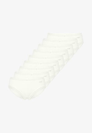 Paquet de dix slips en coton blanc au tissu lisse, avec une bordure en dentelle le long de la ceinture et un petit logo à l'avant.