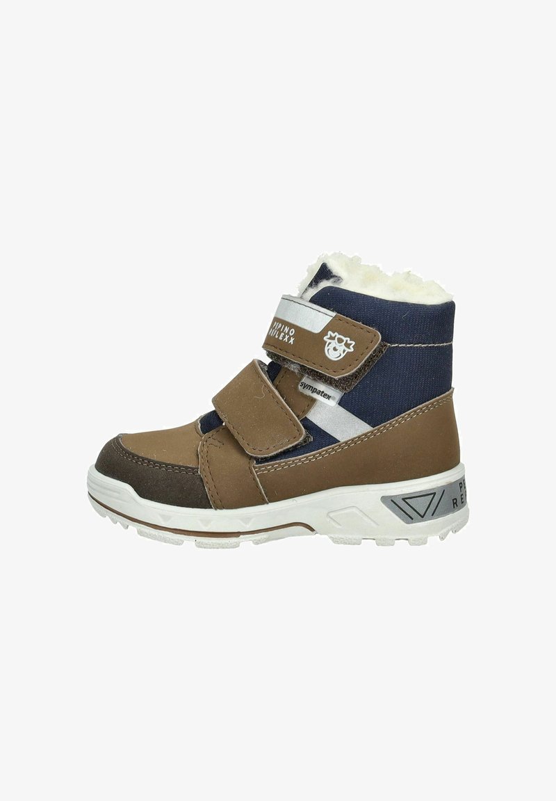 Brauner und marineblauer Winterstiefel für Kinder mit weißem Fleecefutter, zwei Klettverschlüssen und robuster weißer Sohle für den Außeneinsatz.