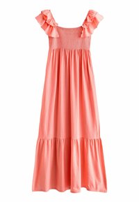 Robe maxi rose corail avec des bretelles à volants, un corsage smocké et une jupe à volants froncés. Tissu doux et léger avec une silhouette fluide.