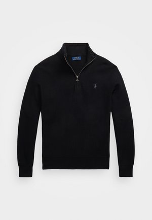 Pull noir à manches longues avec fermeture éclair quart et petit logo brodé sur la poitrine gauche.