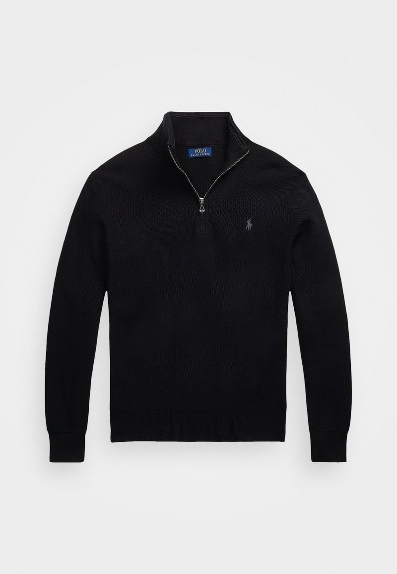 Pull noir à manches longues avec fermeture éclair quart et petit logo brodé sur la poitrine gauche.