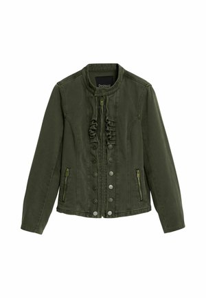 Olivovo zelená rifľová bunda s vysokým golierom, predným zipsom a zapínaním na gombíky, ozdobou s volánikmi a dvoma zipsovými bočnými vreckami.