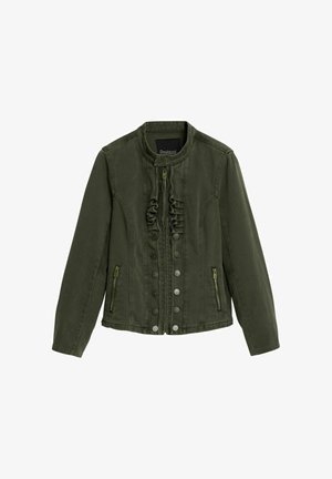 Jachetă din denim verde măsliniu, cu guler înalt, fermoar frontal și închidere cu nasturi, tiv cu volane și două buzunare laterale cu fermoar.