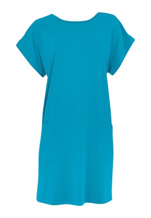 Blauwe casual jurk met korte mouwen, ronde hals en twee voorzakken, knie-lengte, losse pasvorm.