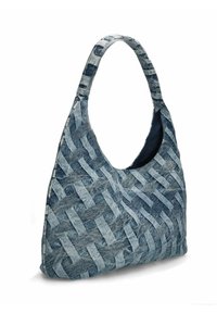 Geweven hobo tas gemaakt van denim in een blauw en grijze kleurenpalet. Heeft een enkele schouderriem en een ruime, niet-geverfde binnenkant.