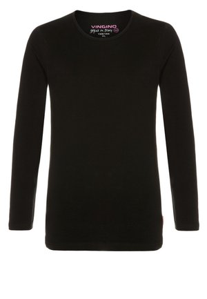 T-shirt noir uni à manches longues avec col rond et étiquette de la marque Vingino à l'intérieur du col.