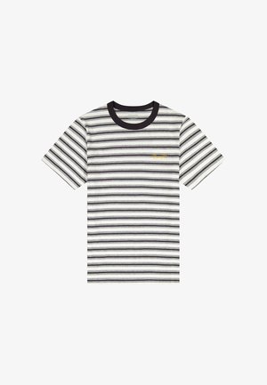Gestreiftes T-Shirt mit horizontalen schwarzen, grauen und weißen Streifen, schwarzem Rippkragen und kleinem gelbem Logodetail auf der Vorderseite.
