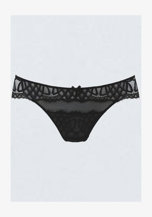 Crni čipkani gaćice u bikiniju s mrežastim prednjim dijelom, detaljima s uzorkom dijamanta i malom mašnom na središnjem pojasu.