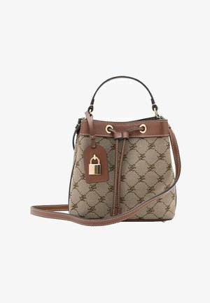 Brown patterned bucket handbag with leather trim, top handle, long strap, drawstring closure, and attached leather tag with gold padlock.