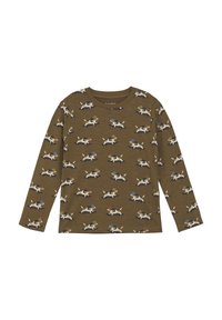 Olijfgroene longsleeve shirt met een speels patroon van cartoonhonden op skateboards, gemaakt van zachte, gestructureerde stof.