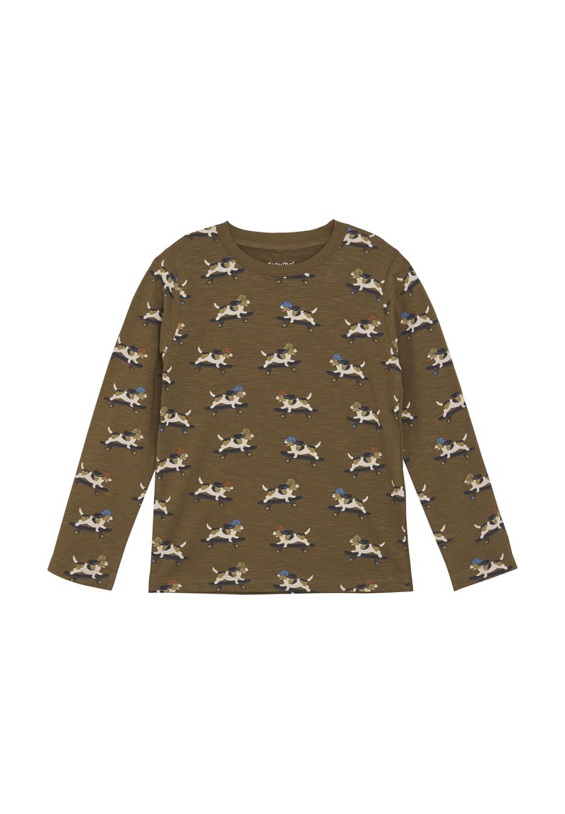 Olijfgroene longsleeve shirt met een speels patroon van cartoonhonden op skateboards, gemaakt van zachte, gestructureerde stof.