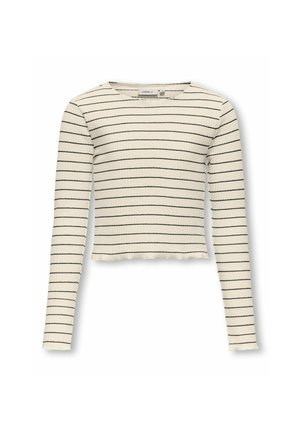 Langærmet top i creme med sorte vandrette striber, med ribbet tekstur og en cropped kant. Enkel rund halsudskæring.