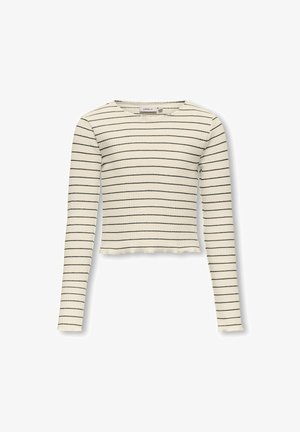 Langærmet top i creme med sorte vandrette striber, med ribbet tekstur og en cropped kant. Enkel rund halsudskæring.