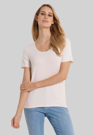 Hellrosa T-Shirt mit kurzen Ärmeln und rundem Halsausschnitt, gefertigt aus glattem Baumwollstoff und mit einem lässigen Schnitt.