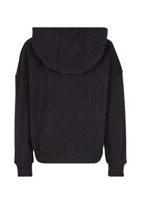 Schwarze Strickhoodie mit gerippten Bündchen und Saum, von hinten gezeigt, mit einem strukturierten vertikalen Streifenmuster.
