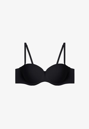 Soutien-gorge rembourré noir avec une texture lisse, des bretelles ajustables étroites et un design structuré et sans coutures. Style simple et basique.