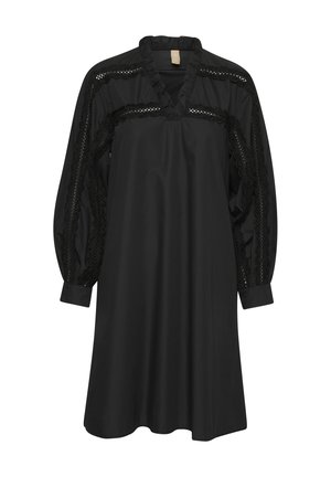 Mustmust valge V-kaelusega ja volangkraega, millel on pitsaktsendid varrastes ja rinnal, pikad varrukad ning mugav lõige.